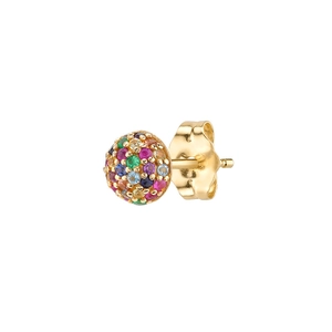 Detailed macro view of gold ball stud earrings featuring colorful pave-set gemstones