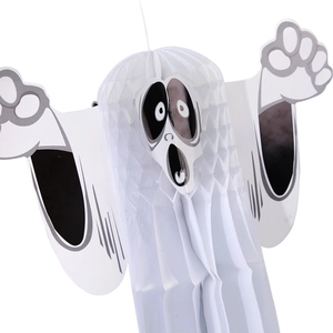 Close-up of Halloween ghost pendant with paper honeycomb body and scary face detail