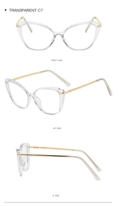 Three-view layout of transparent cat-eye glasses frame with sleek golden metal temples