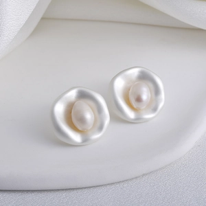 French vintage baroque freshwater pearl stud earrings with elegant gold petal design