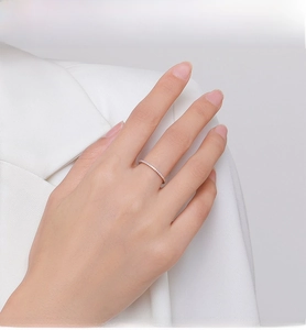 Detailed view of a slender S925 sterling silver ring with pavé crystals on a finger