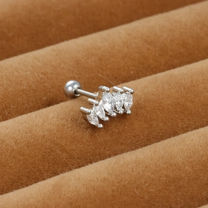 Macro shot of silver cartilage stud featuring four marquise-cut marquise stones and ball back