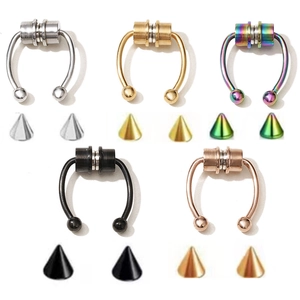 Magnetic Fake Nose Ring Septum Horseshoe Non Piercing Clip On Stainless Steel With Interchangeable Ball And Spike Ends