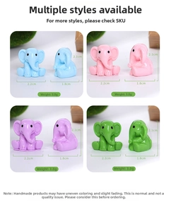 Detailed size chart for mini resin elephant figurines in blue, pink, purple, and green