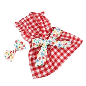 Vestido navideño de cuadros para perro con lazo floral y set de accesorio para el pelo