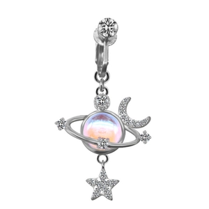 Iridescent planet navel ring with crescent moon and star accents in silver steel