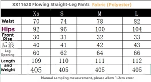 Size chart for women's straight-leg trousers with waist, hip, and length measurements