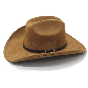 Detailed top view of a brown suede western cowboy hat with a black leather buckle band