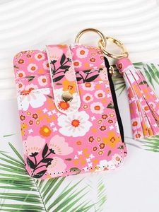 Women Floral Print Card Holder PU Leather Slim Coin Purse Wallet With Snap Button Zipper Key Ring And Tassel