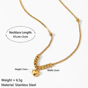 Golden stainless steel heart pendant necklace with box chain and bead design