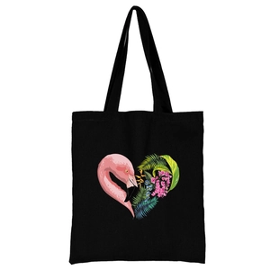 Schwarze Segeltuch-Umhängetasche mit Flamingo und tropischem Muster in Herzform