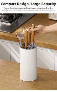 Macro view of white minimalist kitchen knife holder showing multi-slot storage compartments