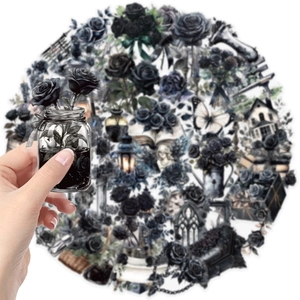 Detail of waterproof dark gothic rose stickers showing translucent PET material effect