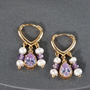 18k gold plated heart earrings with white pearls and purple water drop gemstones
