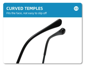 Detail view of black curved temples on rimless sunglasses for non-slip fit and comfort