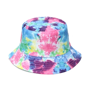 Vibrant tie-dye bucket hat with colorful 3D print pattern on a clean white background