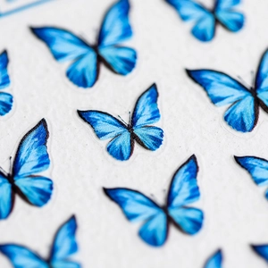 5D blue butterfly nail art stickers with realistic vein details on white background