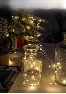 Detail of warm white LED copper wire fairy lights wrapped around a glass bottle and Xmas tree