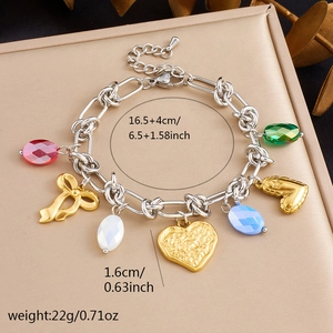 Stainless steel charm bracelet with colorful enamel hearts, flowers and bow pendants