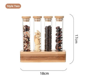 Vertical glass test tube storage set for coffee beans with rectangle wooden stand base
