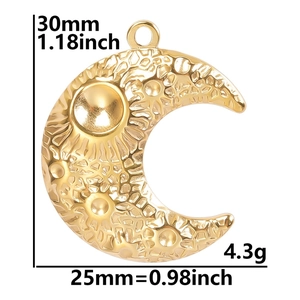 Detailed dimensions of gold celestial moon pendant with 30mm height and 25mm width measurements