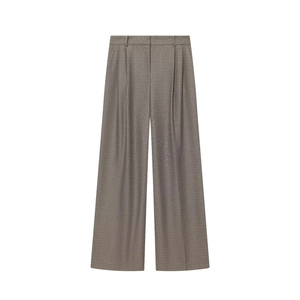 Women high waisted wide leg suit pants in taupe with front pleats and twill texture