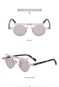Front and side view of C9 retro round sunglasses with transparent frame and demi temples
