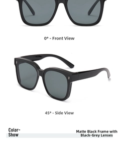 Close-up detail of matte black square polarized sunglasses with silver rivets