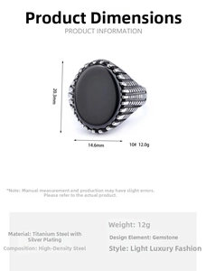 Detailed view of vintage matte titanium steel ring with black oval gemstone and engraving