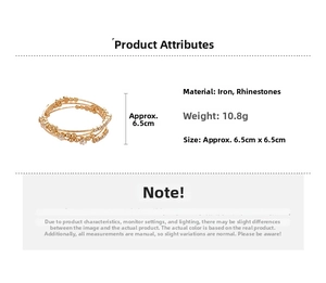 Close-up detail of multi-layer rose gold bracelet with rhinestones and product dimensions