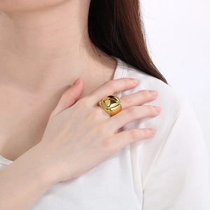 Macro view of chunky square stainless steel ring with 18K gold plating on model finger