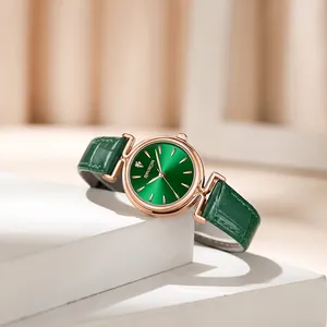 Elegant emerald green leather quartz watch for women with rose gold case and crystal accent