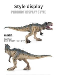 Vistas detalladas de un juguete de dinosaurio Giganotosaurus con texturas de escamas azul gris