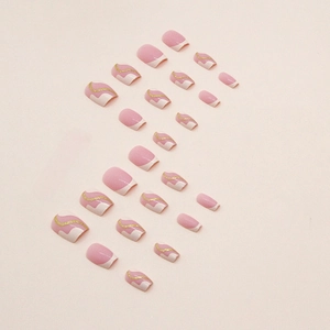 Pink ballet press-on nails set with white wave edges and gold glitter silk lines