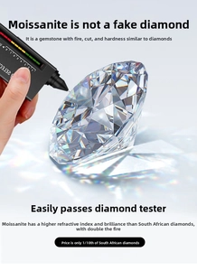 Macro shot of brilliant round cut Moissanite stone showing fire and diamond tester tool
