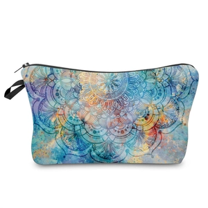 Portable mandala print toiletry bag for women with blue and yellow watercolor patterns