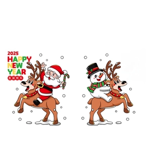 Cartoon Santa and Snowman riding reindeer 2025 Christmas window static stickers decoration