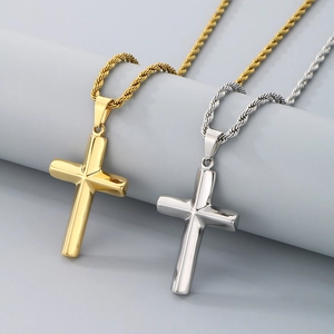 Polished gold and silver stainless steel cross necklaces with twisted chains for men
