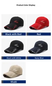Detail showing various colors of sports baseball caps with sandwich peak and embroidery