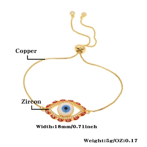 Detail of adjustable evil eye bracelet with copper and zircon dimensions shown