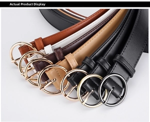Detail view showing assorted colors of PU leather belts with round metal pin buckles