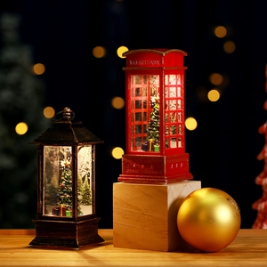 Lighted Christmas phone booth and vintage lantern with miniature tree and gift box scenes