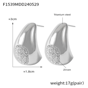 Vue détaillée des boucles d'oreilles goutte en acier titane argenté et oxydes de zirconium