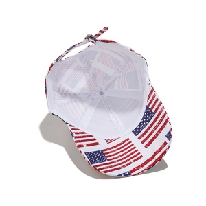 Dettaglio del cappellino con bandiera USA che mostra fodera e fibbia in metallo regolabile