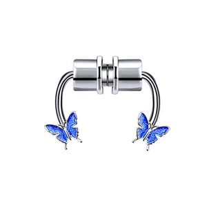 Detail view of magnetic stainless steel septum ring with a blue sequin butterfly pendant