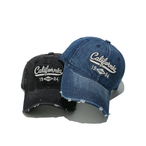 Distressed denim baseball caps with California embroidery in black and blue colors