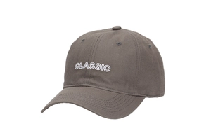 Detailed embroidery of white CLASSIC lettering on dark grey twill cotton baseball cap