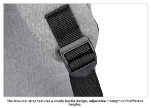 Close-up of adjustable buckle and strap detail on a gray business laptop backpack