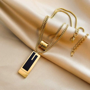 Double-layer gold plated stainless steel sweater chain with a black rectangular pendant