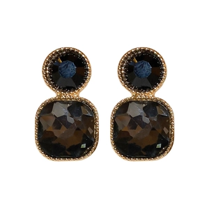 Retro geometric black stone stud earrings with vintage gold textured metal frames